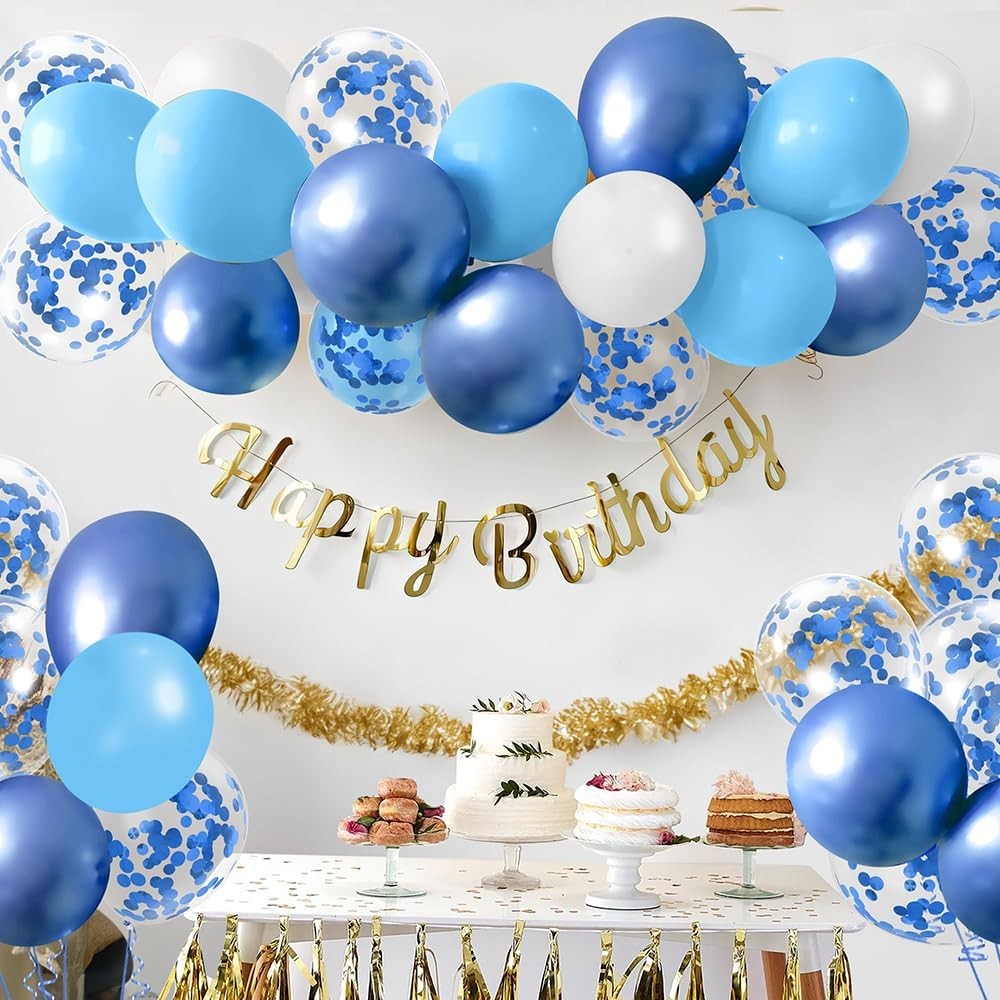 Set 16 Baloane din Latex Metalizate, Vivimall, Model Party, 30 cm, Alb, Albastru, Albastru Chrome, Transparent Confetti 2.8 g