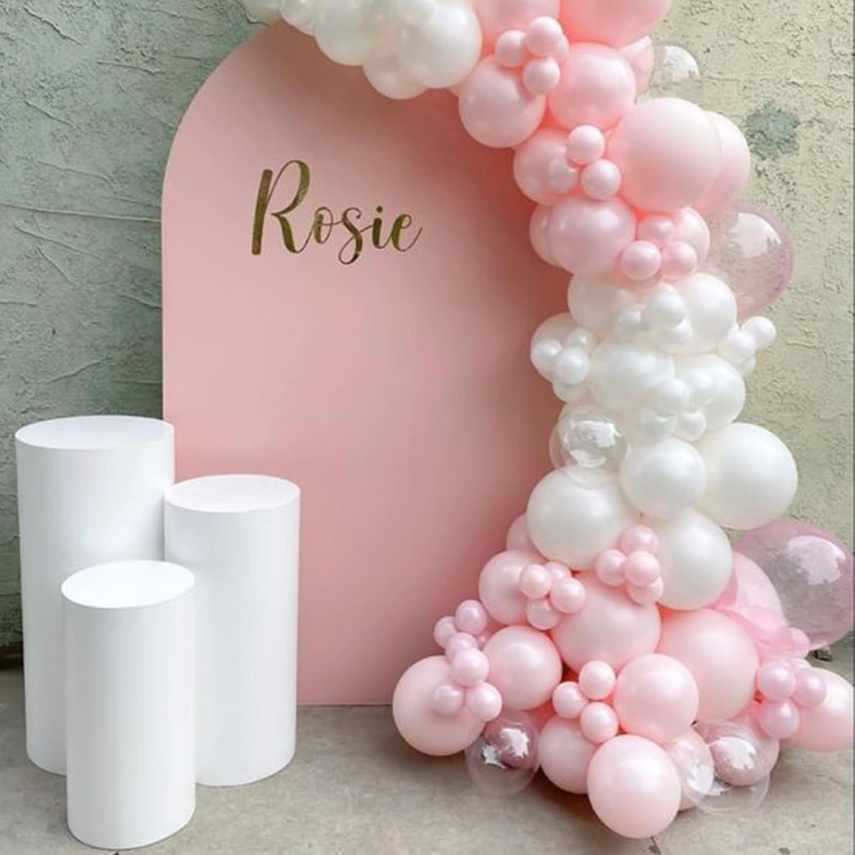 Set 16 Baloane din Latex Metalizate, Vivimall, Model Party, 30 cm, Alb, Roz, Roz Chrome, Transparent Confetti 2.8 g