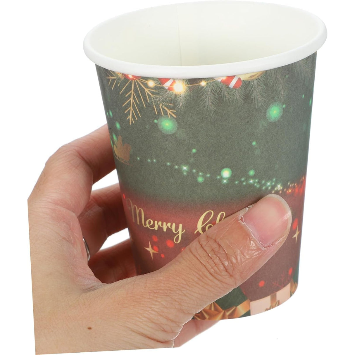 Set 16 Pahare de Unica Folosinta, Vivimall, Model Merry Christmas, Tematica de Craciun, 9.14 cm, Rosu Verde - vivimall.ro