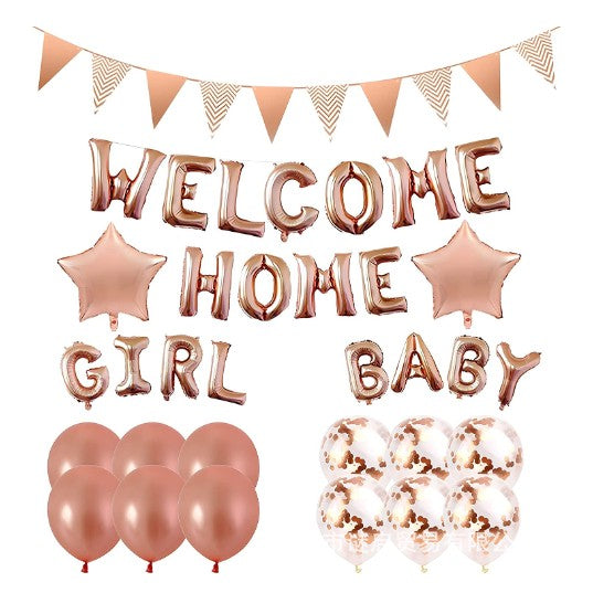 Set Baloane Folie Si Latex, Welcome Home, 16 Piese, 12 Baloane Latex, 2 Baloane Folie, 1 Set Welcome Home Baby Girl,1 Banner, Rose Gold - vivimall.ro