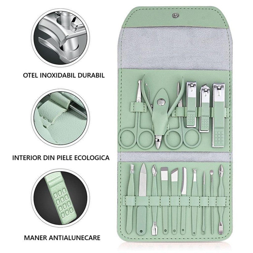 Set 16 Piese de Ingrijire Cosmetica, Flippy, pentru Manichiura, Pedichiura, Fata, Geanta Organizatoare din Piele Ecologica Inclusa, Verde