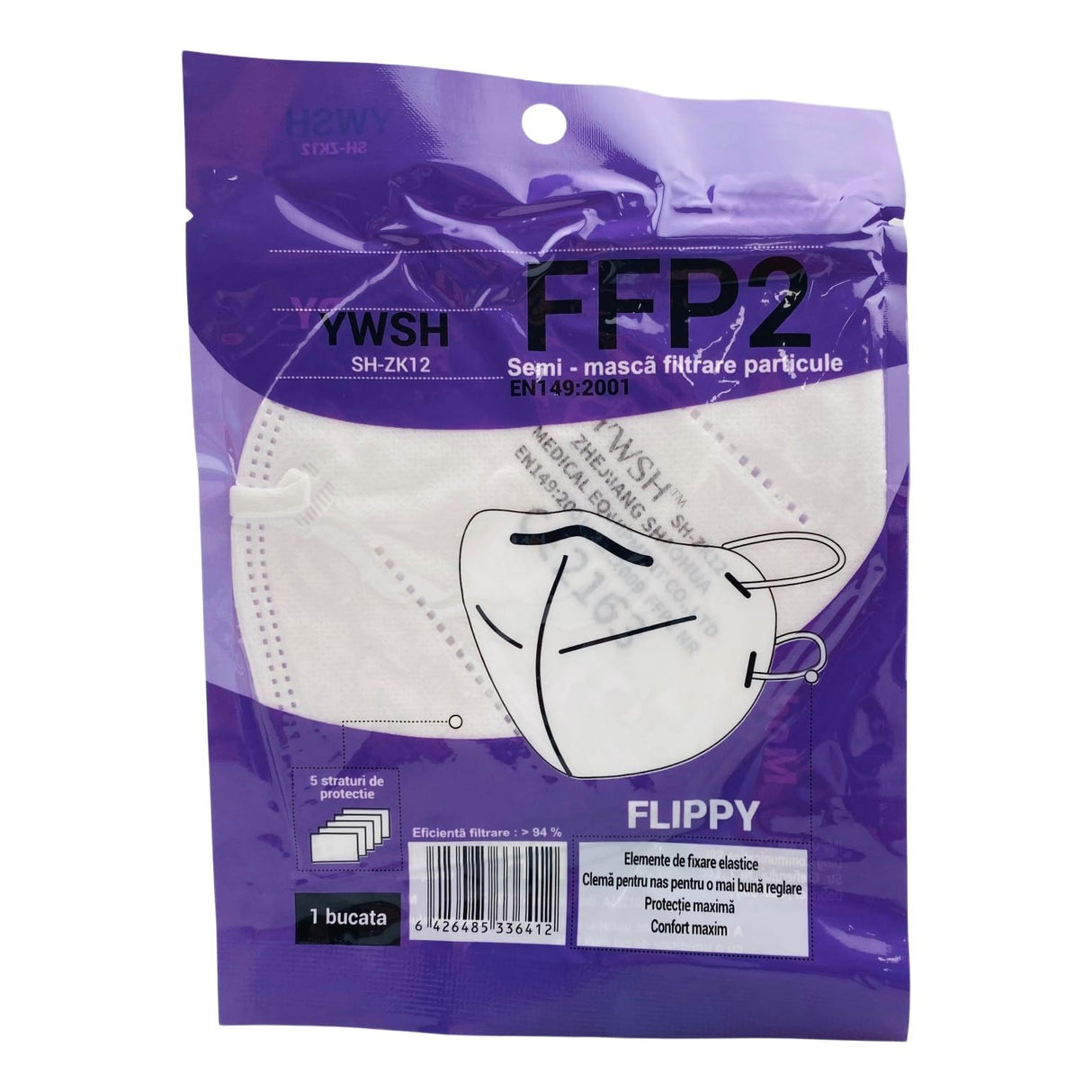 Set 2 bucati Masca de protectie faciala, Flippy®️, de unica folosinta, FFP2 CE 2163, 5 straturi, nesterila, ambalaj individual, Alb - vivimall.ro