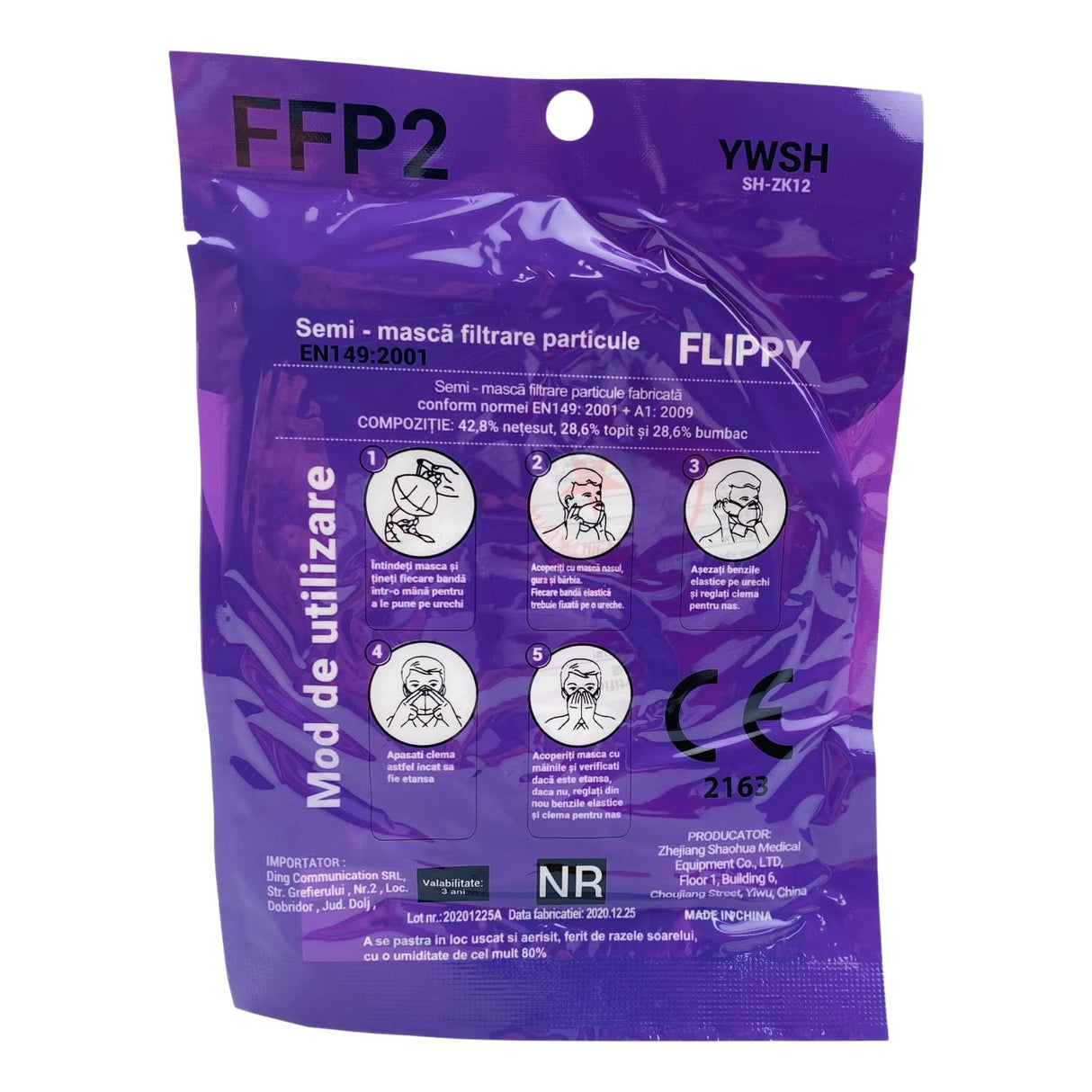 Set 2 bucati Masca de protectie faciala, Flippy®️, de unica folosinta, FFP2 CE 2163, 5 straturi, nesterila, ambalaj individual, Alb - vivimall.ro