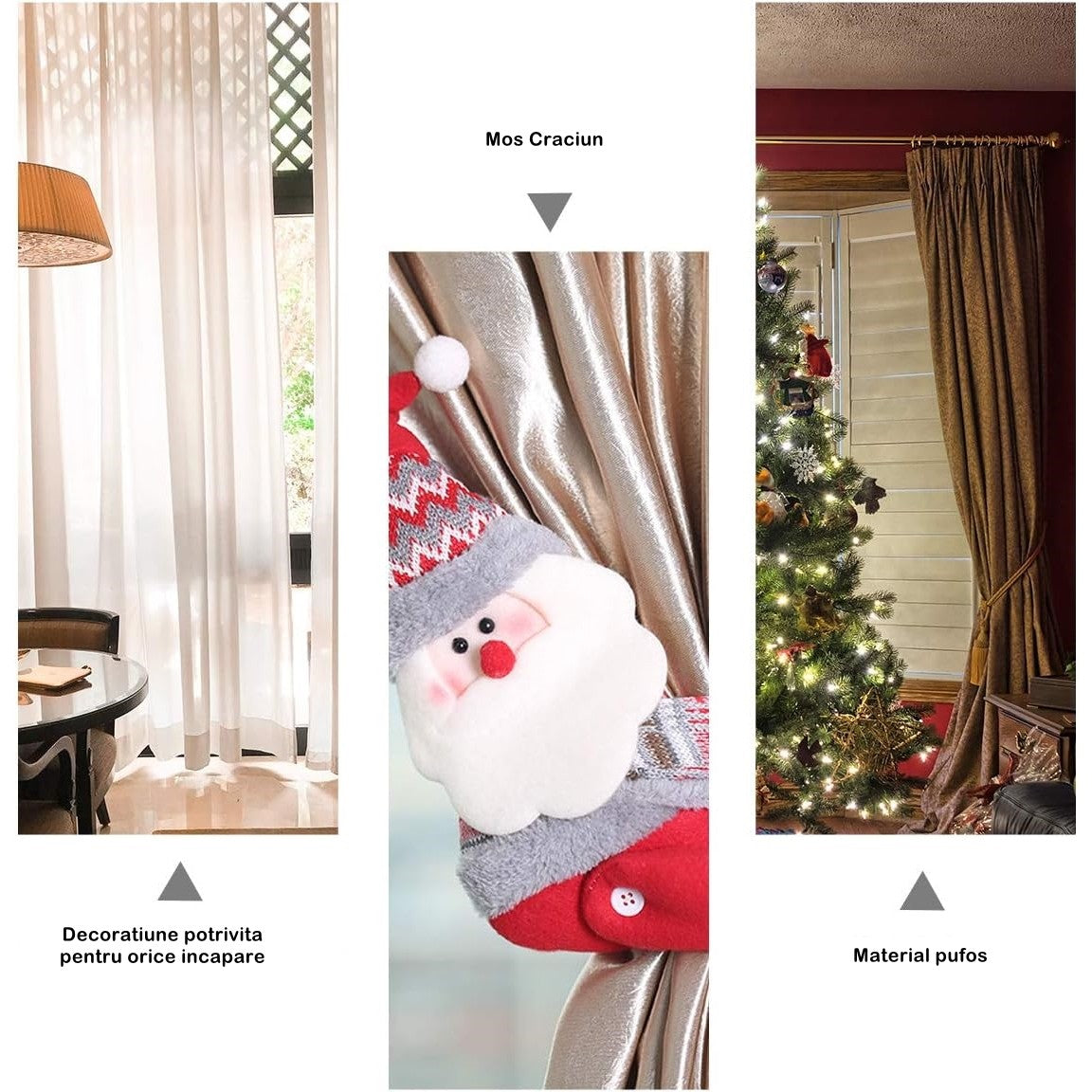 Clema pentru perdea, Flippy, prindere cu arici, model Mos Craciun pe partea stanga, material textil/poliester, 53 x 23 cm, Multicolor