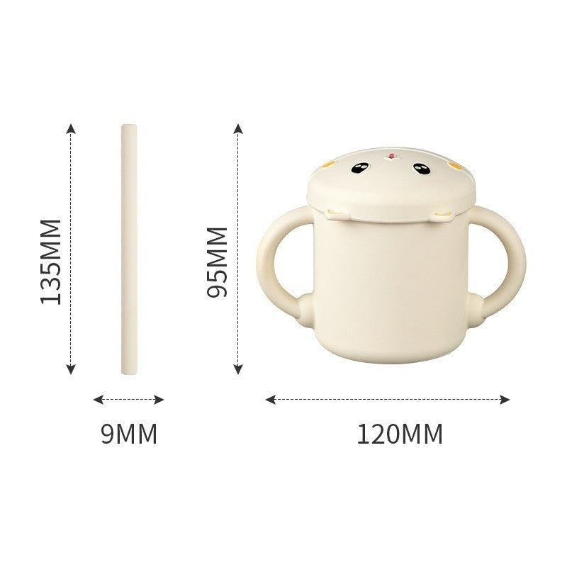 Set 2 Piese Hranire Bebelusi si Copii, Flippy, Cana cu Capac si Pai, din Silicon, fara BPA, de la 12 Luni, Model Pisicuta, 12 x 9.5 x 11 cm, Bej