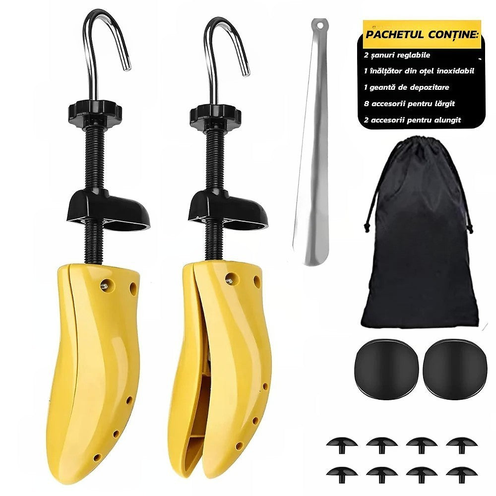 Set 2 Sanuri/Calapoade Reglabilile, Flippy, pentru Alungit si Largit Pantofi, Geanta si Incaltator Incluse, Universale, Unisex, din ABS Premium, Arc, Marime 40 - 47, Galben/Negru - vivimall.ro