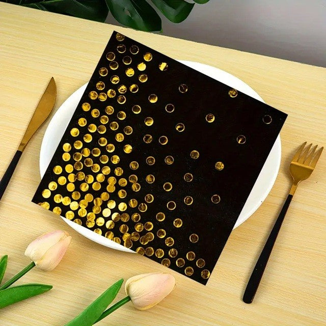 Set 20 de Servetele de Masa, Flippy, Imprimeu cu Buline Aurii, din Hartie, 17 x 17 cm, Negru