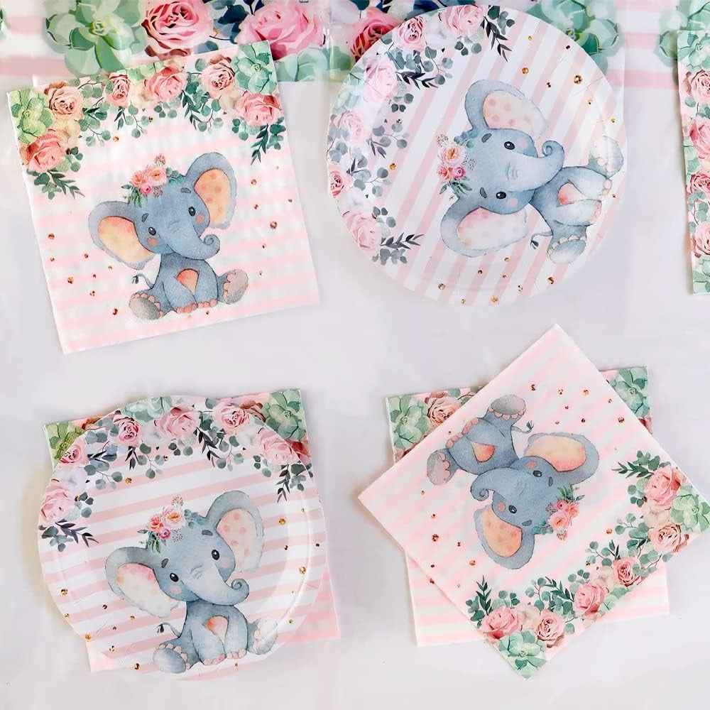 Set 20 de Servetele de Masa, Flippy, Imprimeu Elefant, din Hartie, 16.5 x 16.5 cm, Roz