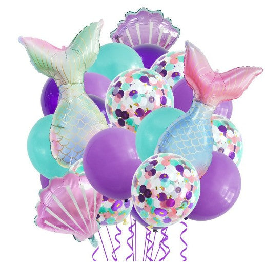 Baloane decorative Aqua Sirene, Vivimall, Set MIX 22 baloane, din folie de alumiu, 2 Sirene, 2 Scoici, 18 baloane din latex, 50 x 85 cm Adeziv si pai inclus, Mov Multicolor