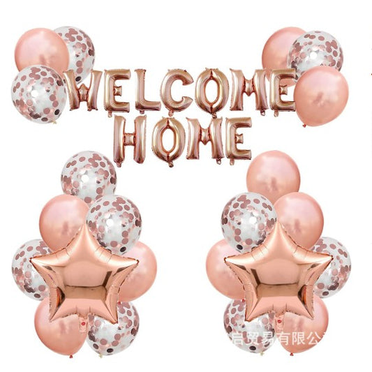 Set Baloane Folie Si Latex, Welcome Home, 22 De Piese, 20 Baloane Latex, 2 Baloane Stea Folie, 1 Set Welcome Home, Rose Gold Metalic - vivimall.ro