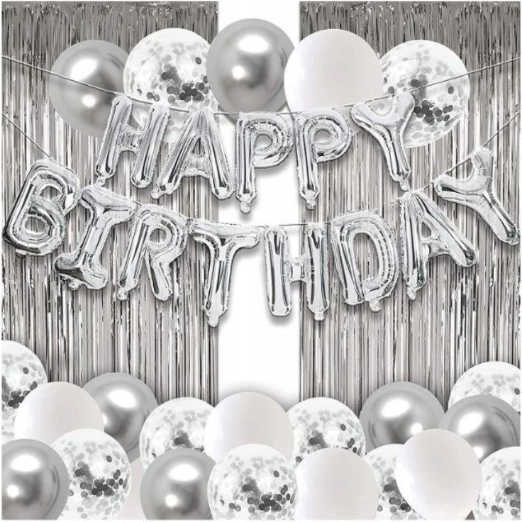 Set 24 de baloane folie si latex, 10 baloane latex simple, 10 bloane latex cu paiete, 4 baloane folie, ribon, 1x2 m perdea, Argintiu