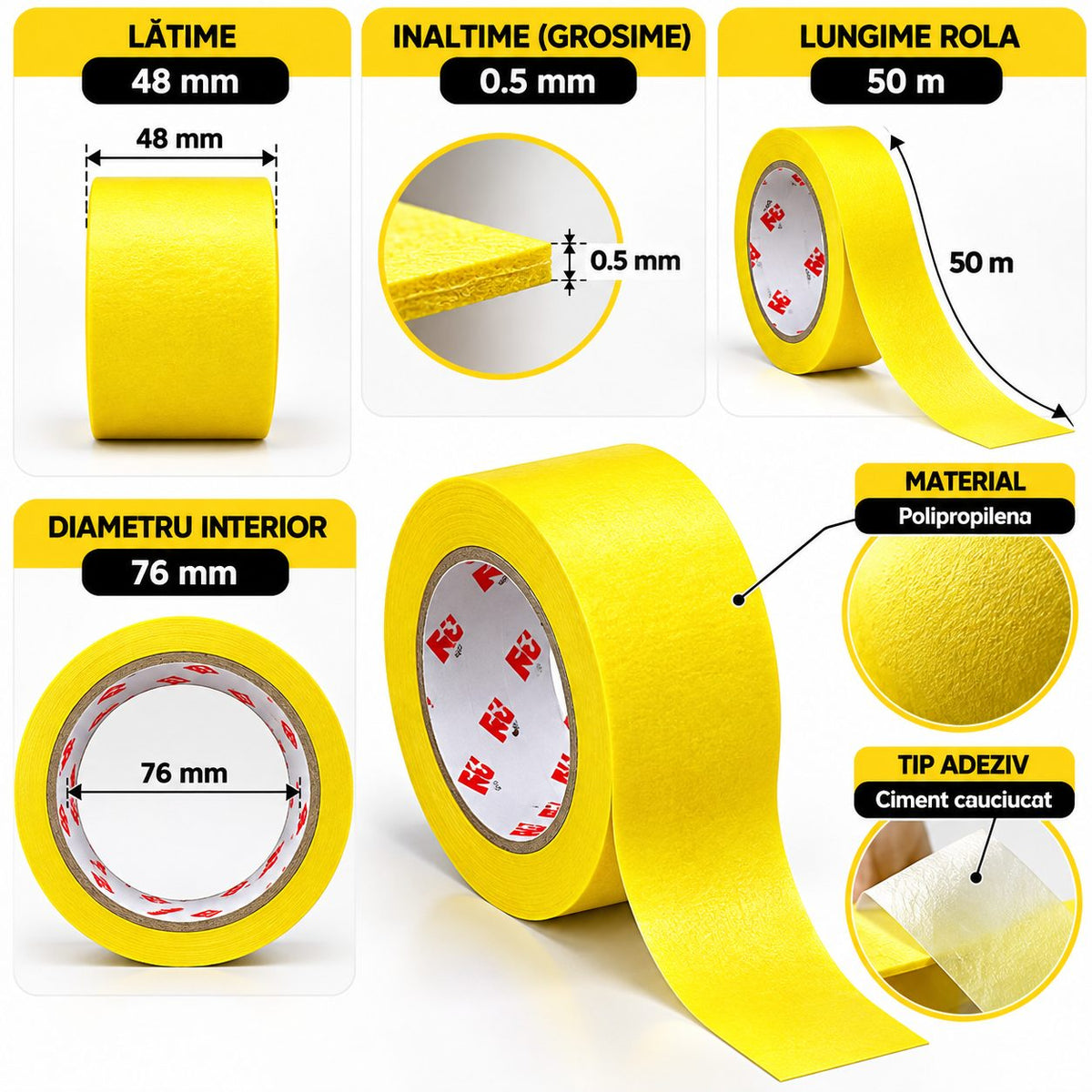 Set 24 Role Bandă de Mascare Galbenă, Rezistentă UV, 48mm x 50m