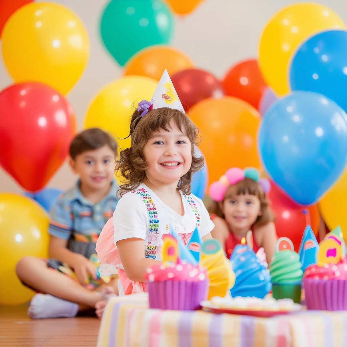 Set 25 Baloane din Latex, Vivimall, Model Party, 4x Albastru, 4x Verde, 4x Rosu, 4x Galben, 4x Mov, 5x Portocaliu, 23 cm, 1.4 g