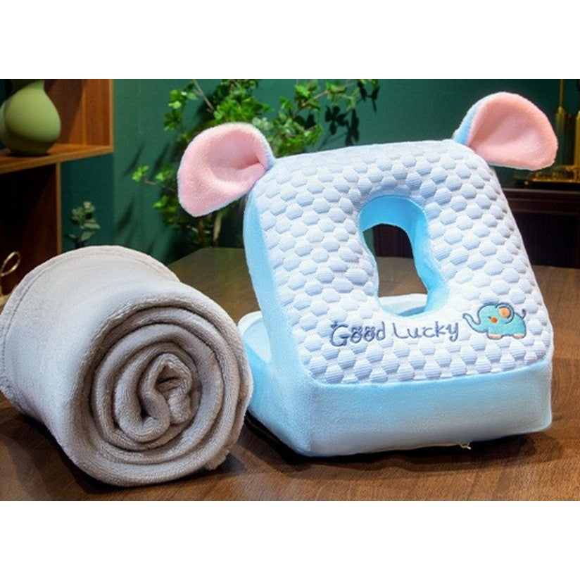 Set 2in1 Patura Microfibra si Perna din Spuma, Flippy, pentru Birou, Calatorii, Pauze, Model Elefant, Microfibra, 1x1.7 m, 30x35x30 cm, Albastru