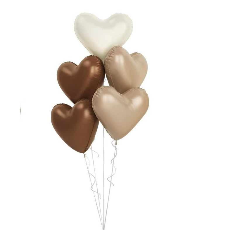 Set 3 Baloane din Folie Metalizata, Flippy, Figurine Inimi, Tema Ziua Indragostitilor, 45 cm, Ambalaj Individual, Pai Inclus, Umflare cu Aer sau Heliu, Crem/Maro