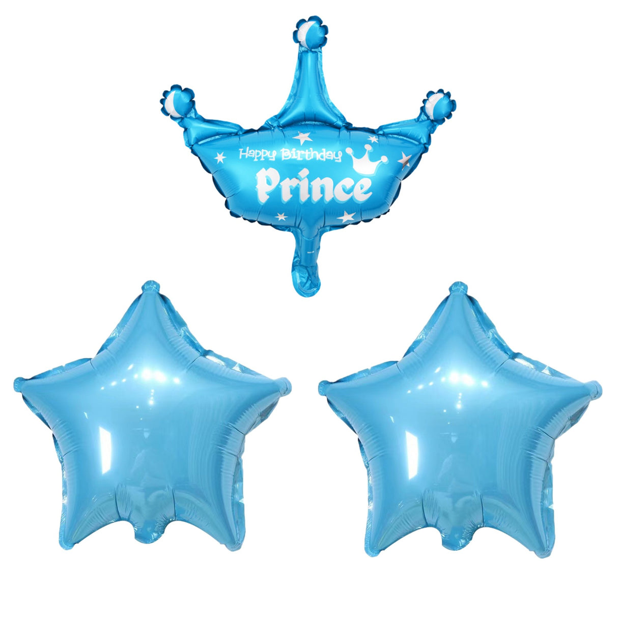 Set 3 Baloane din Folie Metalizata, Flippy, Figurine Coroana si Stea, Model Aniversare, 40 cm, Ambalaj Individual, Pai Inclus, Umflare cu Aer sau Heliu, Albastru