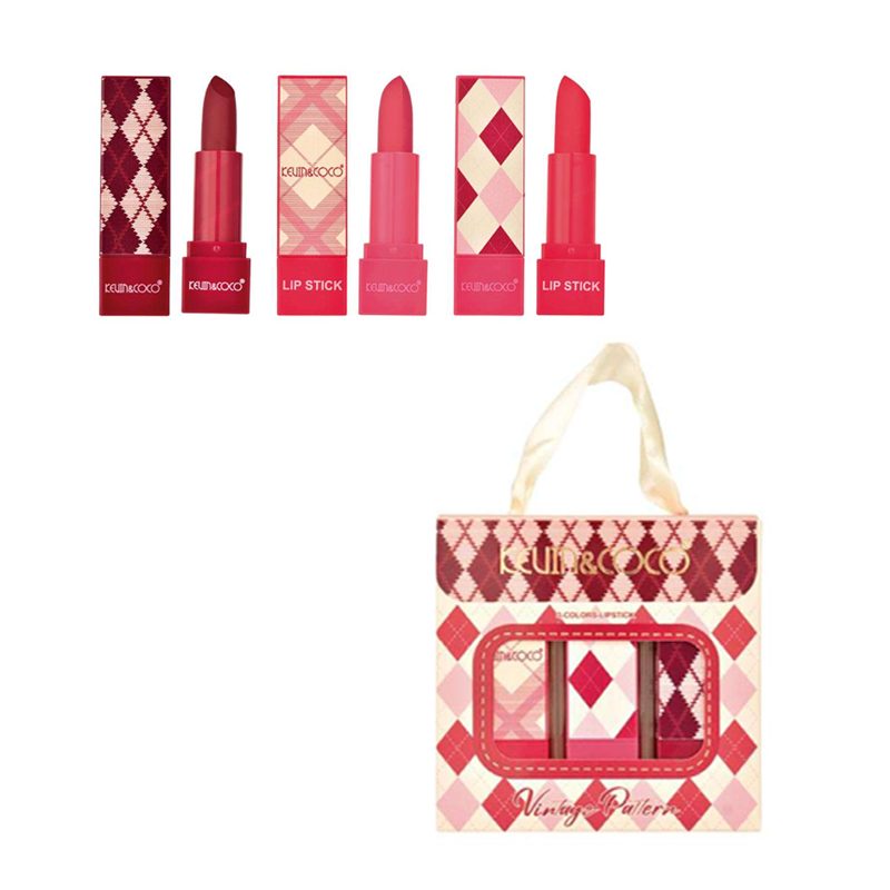 Set 3 rujuri de buze Kevin&Coco Vintage Design, finisaj mat multicolor, vedere frontală ambalaj