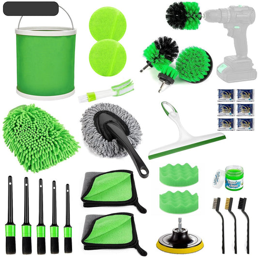 Set 30 Accesorii pentru Curatare Auto, Flippy, din PP si Microfibra, Interior/Exterior, 30 x 24 x 12 cm, Verde