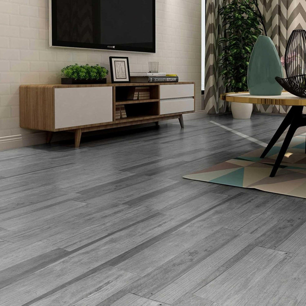 Set 36 Placi Autoadezive pentru Pardoseala, Flippy, din PVC, Impermeabil, Ignifug, Usor de Curatat, Dimensiune Placa 91.44 x 15.24 cm, Grosime 1.5 mm, Acoperire 5 m2, Model 15, Gri - vivimall.ro