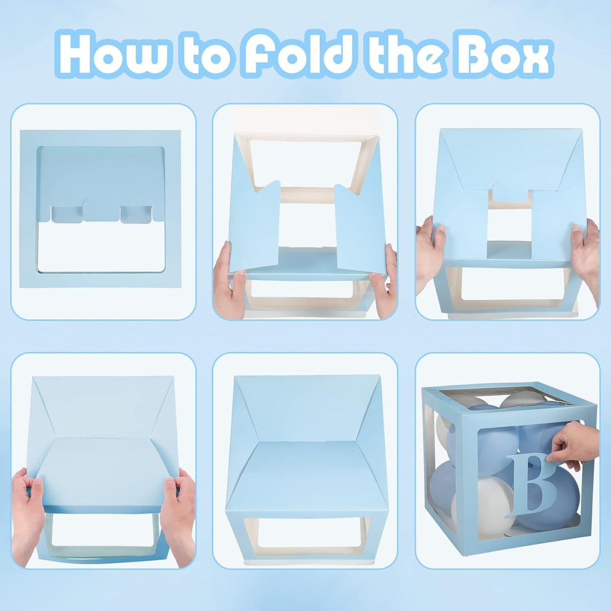 Set 4 Cutii pentru Baloane, Flippy, Model Scris Baby, Tematica Iubire, Cuburi Decorative din Plastic, Accesorii pentru Petrecere, 30 x30 cm, Transparente Contur Albastru