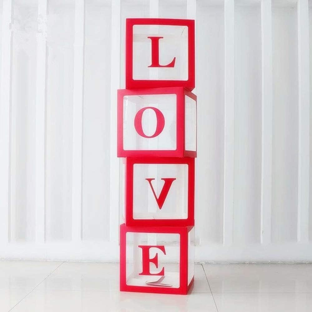 Set 4 Cutii pentru Baloane, Flippy, Model Scris Love, Tematica Iubire, Cuburi Decorative din Plastic, Accesorii pentru Petrecere, 30x30 cm, Transparente Contur Rosu