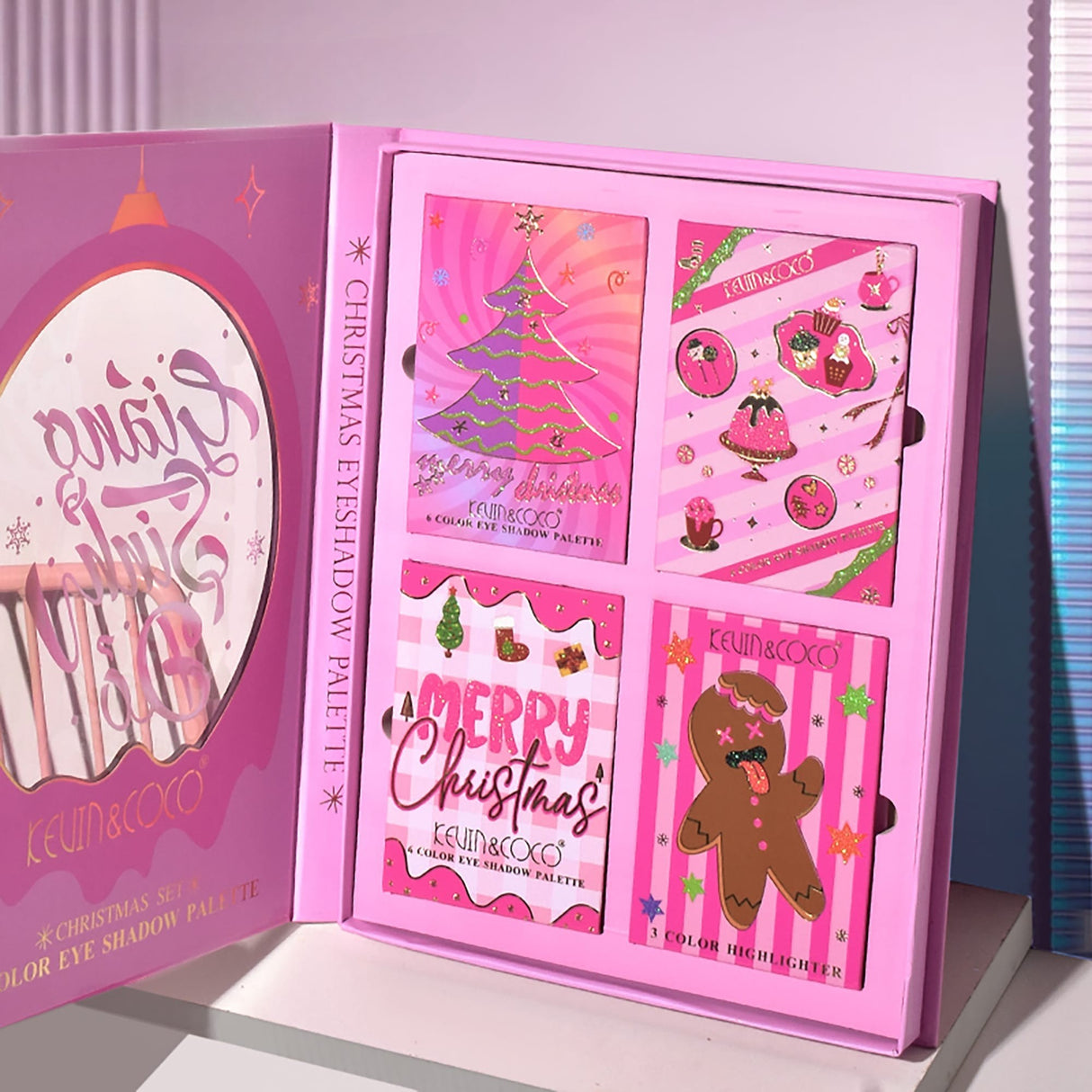 Set 4 Palete de Machiaj, KEVIN & COCO, Christmas Jingle, 21 culori, 27.3 x 20.8 x 2.4 cm - vivimall.ro