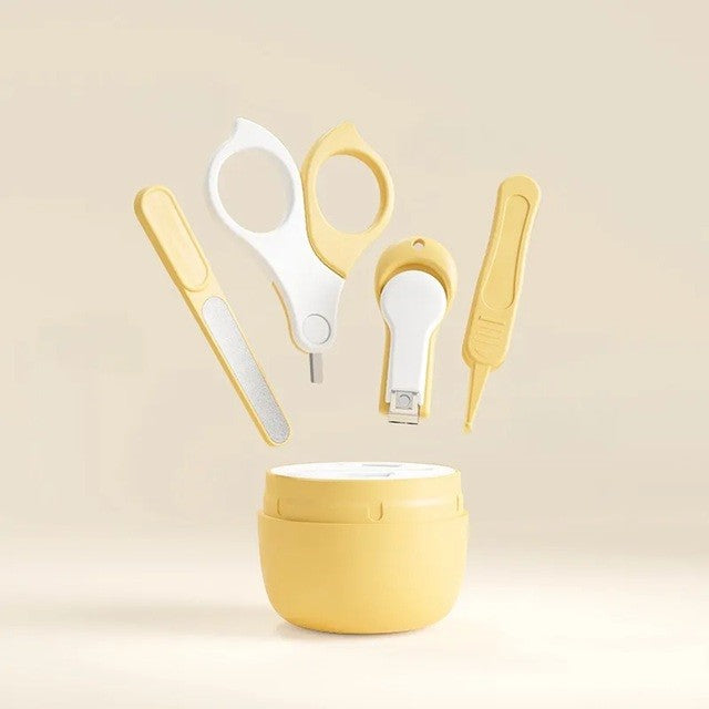 Set 4 Piese Ingrijire Unghii Bebelusi, Vivimall, din ABS+Otel Inoxidabil, Cutie de Depozitare Tip Maimuta, de la 0 Luni, Galben