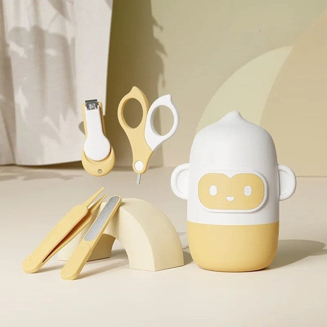 Set 4 Piese Ingrijire Unghii Bebelusi, Vivimall, din ABS+Otel Inoxidabil, Cutie de Depozitare Tip Maimuta, de la 0 Luni, Galben