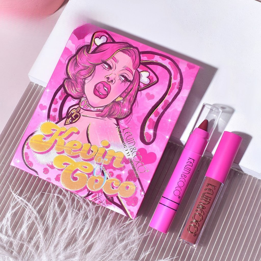 Set 4 Produse de Machiaj, KEVIN & COCO, Pink Loving-heart Leopard Girl, 18 culori, 20.5 x 18.2 x 2.2 cm - vivimall.ro