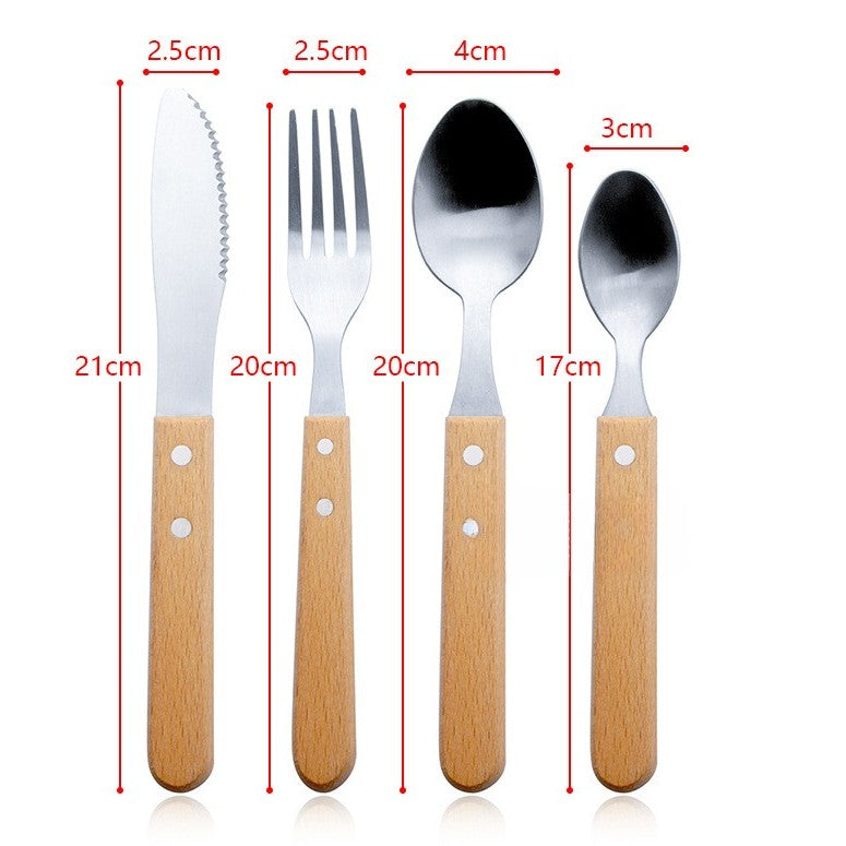 Set 4 tacamuri pentru masa Vivimall, otel 304, lingura, lingurita desert, cutit, furculita, maner din lemn de fag, 20 x 4 x 2 cm, gri - vivimall.ro