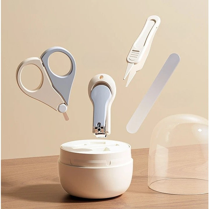 Set 4in1 de Ingrijire Unghii pentru Bebelusi, Flippy, Cutie de Depozitare Tip Borcan, 0-6 Ani, 10 x 7 x 6 cm, Alb/Gri