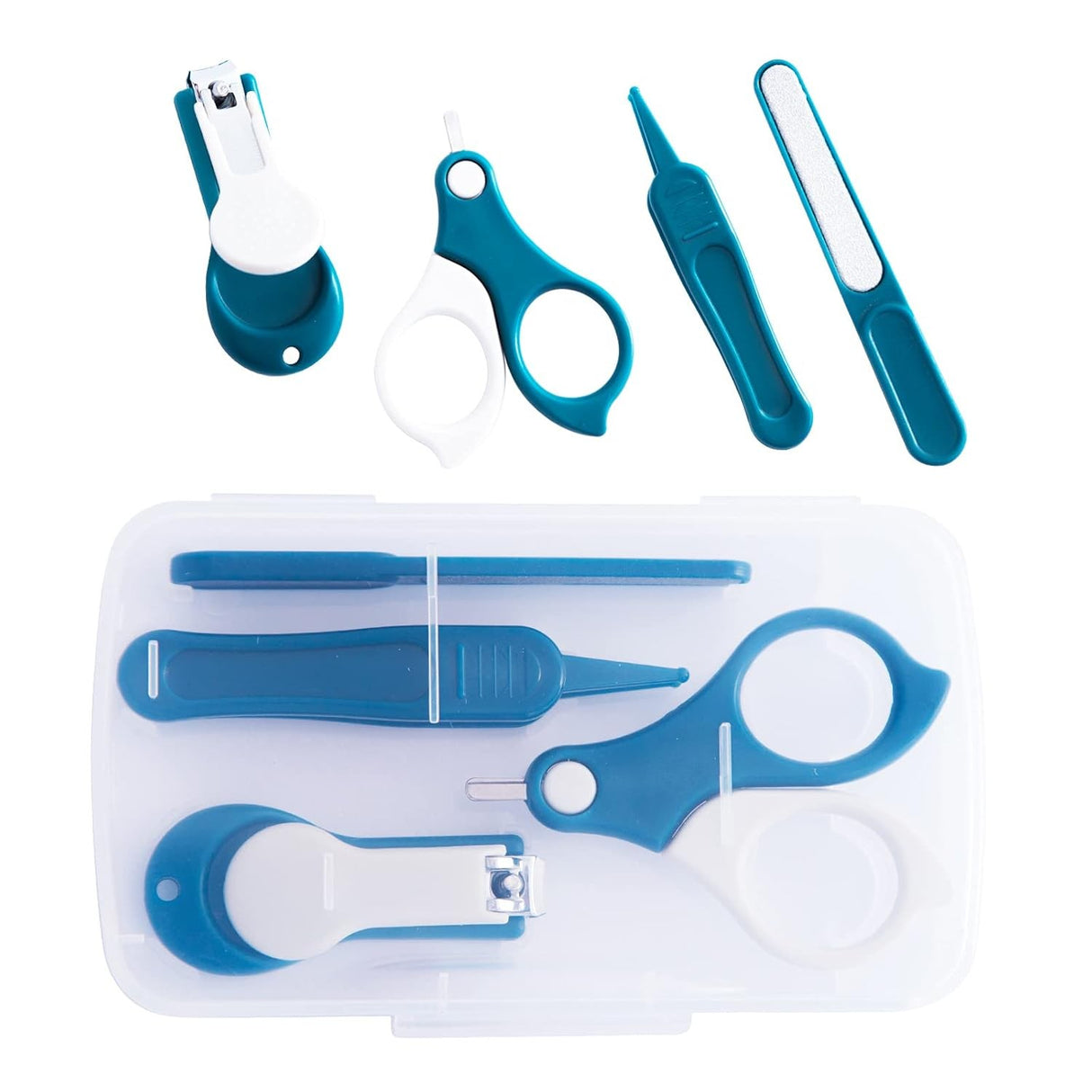 Set 4in1 de Ingrijire Unghii pentru Bebelusi, Vivimall, Cutie de Depozitare Transparenta, 0-6 Ani, 13.6x8x2 cm, Albastru Marin