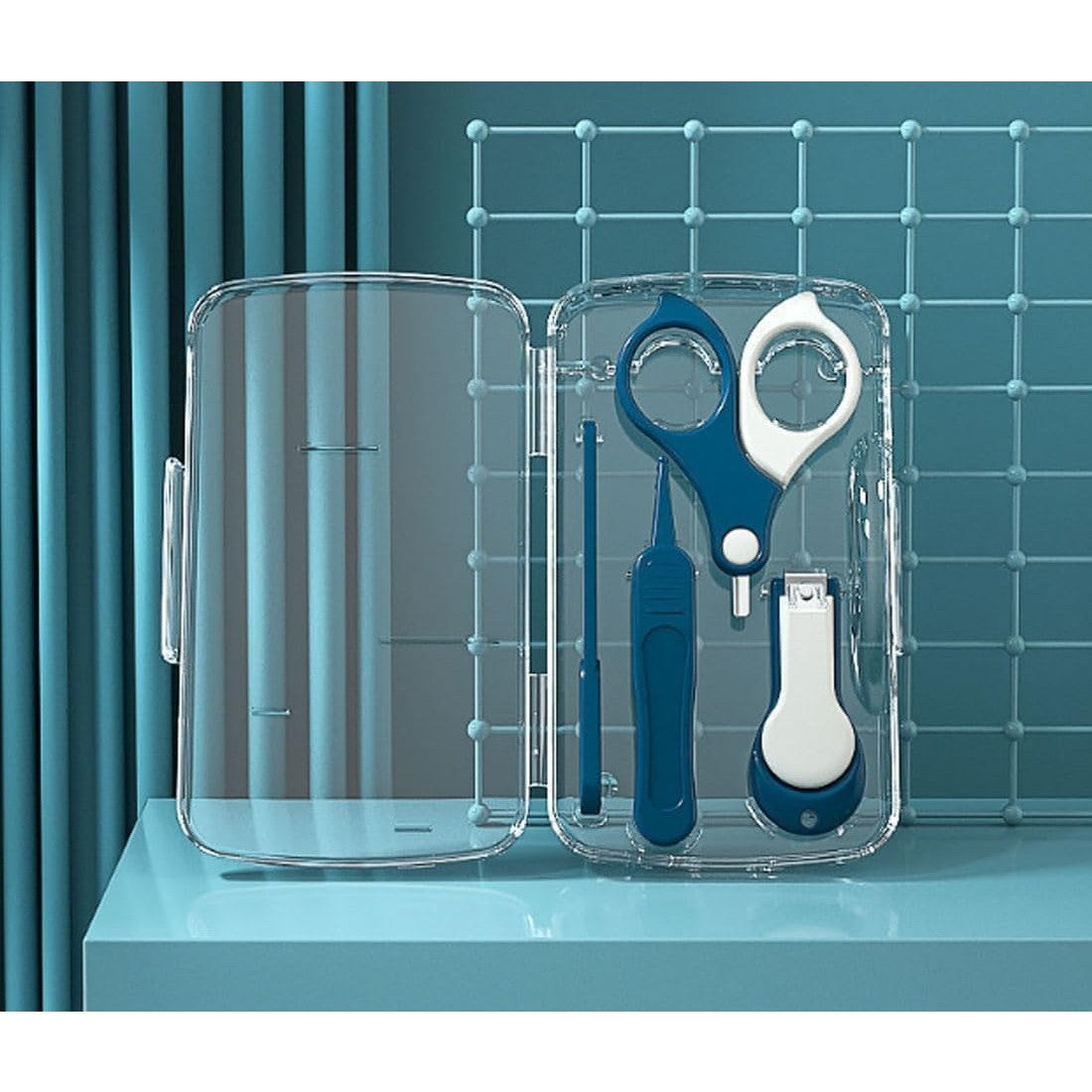 Set 4in1 de Ingrijire Unghii pentru Bebelusi, Vivimall, Cutie de Depozitare Transparenta, 0-6 Ani, 13.6x8x2 cm, Albastru Marin