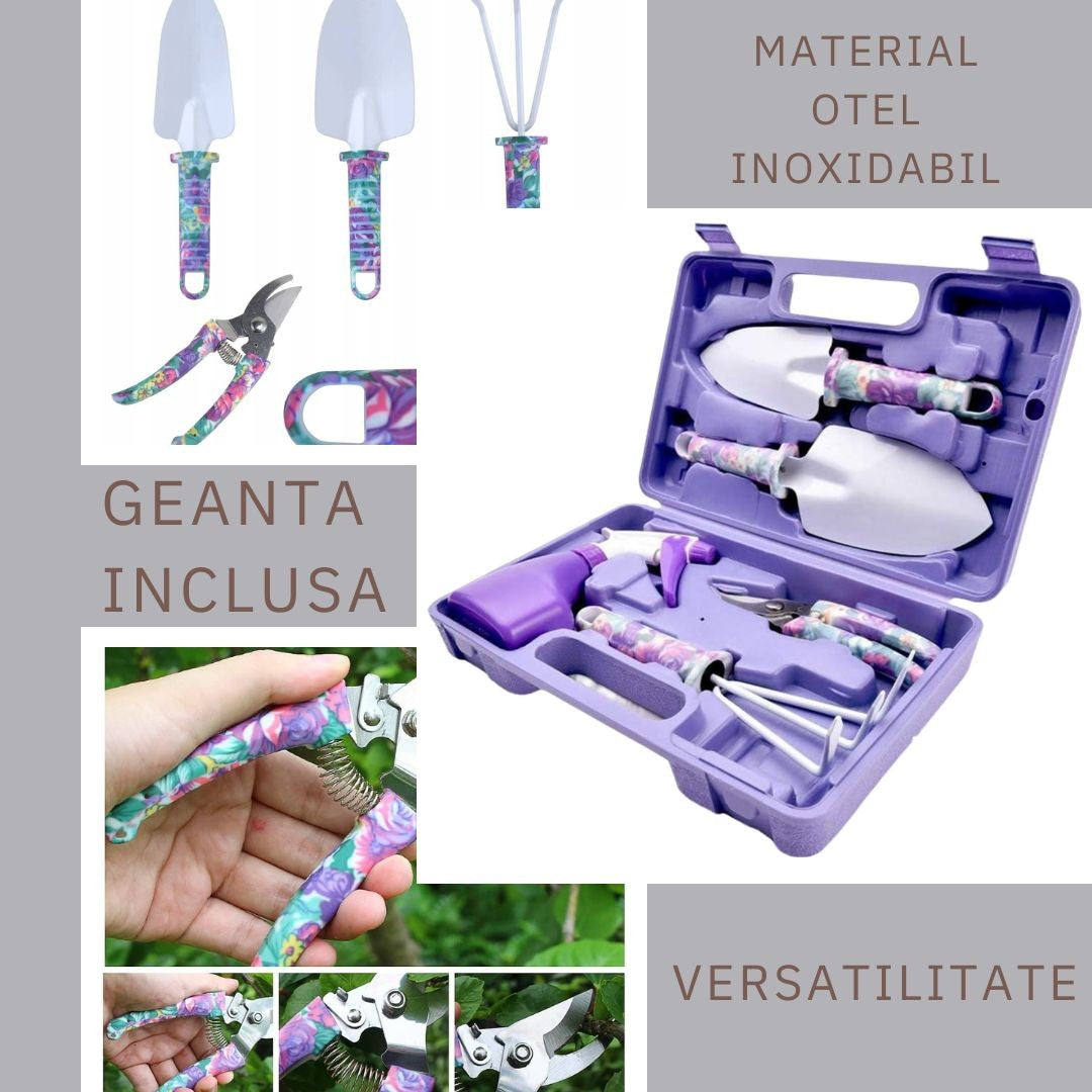 Set 5 accesorii pentru gradinarit Vivimall, geanta depozitare inclusa, otel inoxidabil, 38 x 29 cm, mov - vivimall.ro