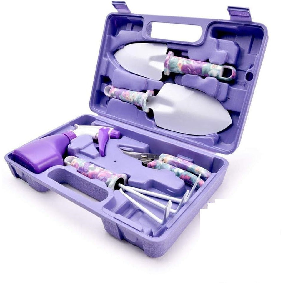 Set 5 accesorii pentru gradinarit Vivimall, geanta depozitare inclusa, otel inoxidabil, 38 x 29 cm, mov - vivimall.ro