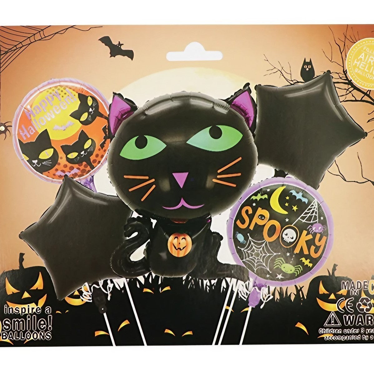 Set 5 Baloane din Folie Metalizata, Flippy, Figurine, Tema Halloween, Pai Inclus, Ambalaj Individual, Umflare cu Aer sau Heliu, Figurina Pisica 65x49 cm, Stelute si Cerculete 45 cm, Negru