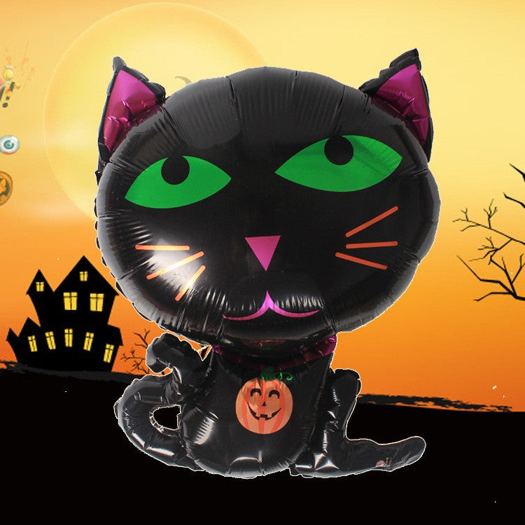 Set 5 Baloane din Folie Metalizata, Flippy, Figurine, Tema Halloween, Pai Inclus, Ambalaj Individual, Umflare cu Aer sau Heliu, Figurina Pisica 65x49 cm, Stelute si Cerculete 45 cm, Negru