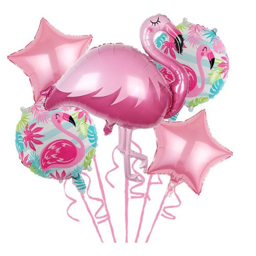 Baloane aniversare Flamingo Party, Vivimall, din Folie de aluminiu si Latex, set din 5 baloane, 1 Flamingo, 2 Stele, 2 rotunde, 60 x 90 cm, Adeziv si pai inclus Rose