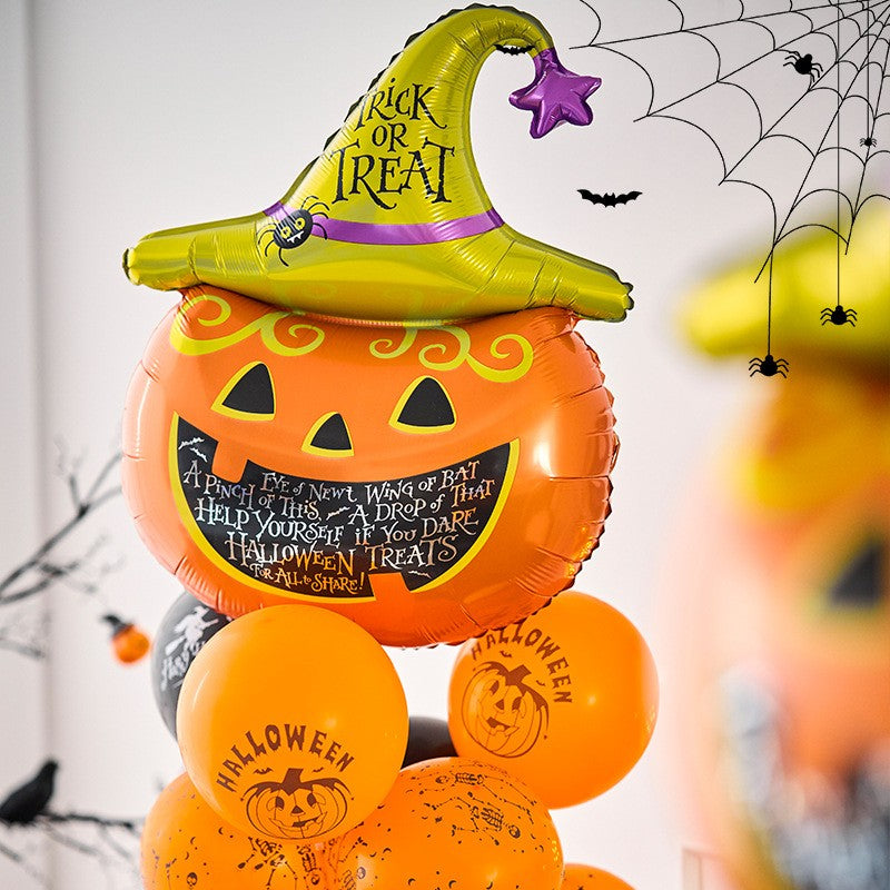 Set 5 Baloane din Folie Metalizata, Flippy, Figurine, Tema Halloween, Pai Inclus, Ambalaj Individual, Umflare cu Aer sau Heliu, Figurina Dovleac 54x87 cm, Stelute si Cerculete 45 cm, Multicolor