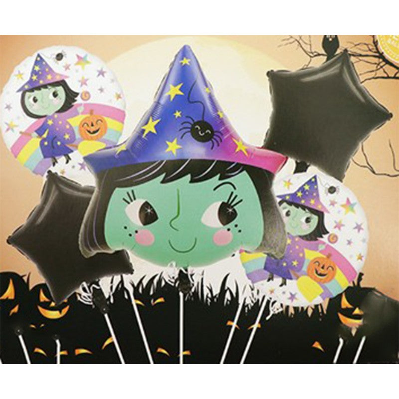 Baloane Halloween, Flippy, set din 5 Baloane, 1 Little Witch Halloween, 2 stele negre, 2 baloane rotunde multicolore, din folie de aluminiu, 30- 40 cm, pai de carton inclus, Multicolor