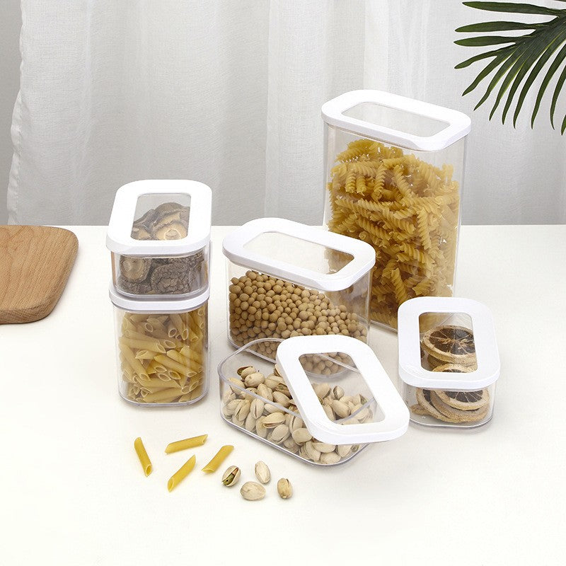 Set 5 Cutii de Depozitare Alimente, Vivimall, Capac Alb, din ABS+Silicon, 23 x 15 x 27 cm, Transparent - vivimall.ro