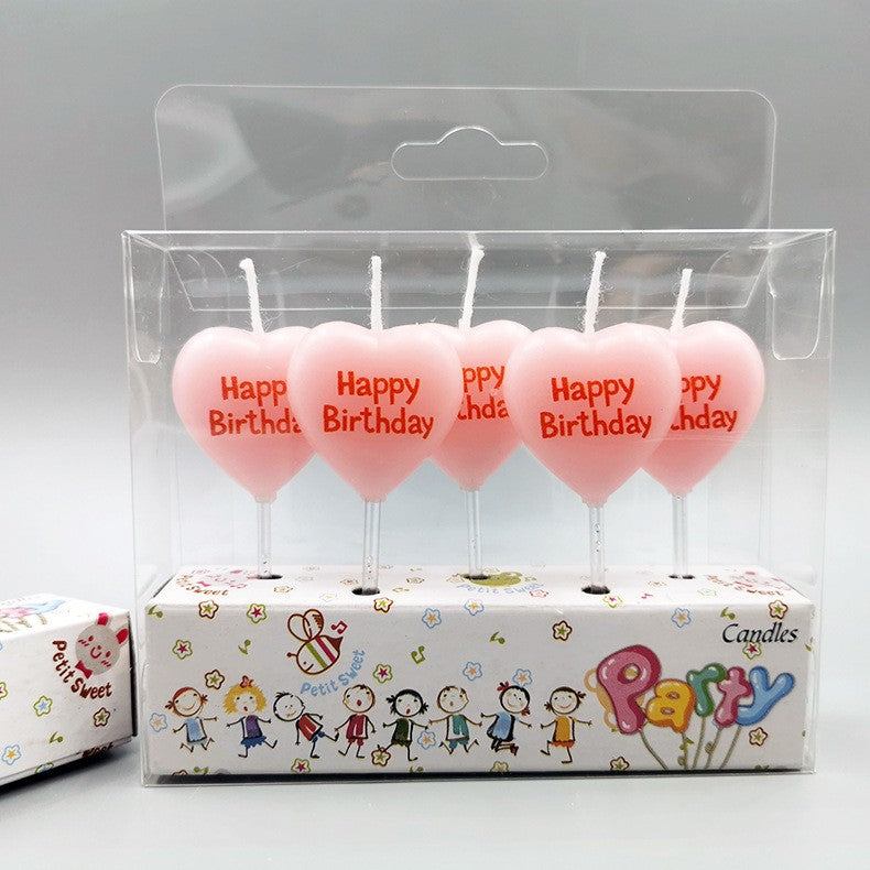Set 5 Lumanari de Tort, Vivimall, Model Inima, Text Happy Birthday, 2.5 x 2.5 cm, din Ceara, Multicolor - vivimall.ro
