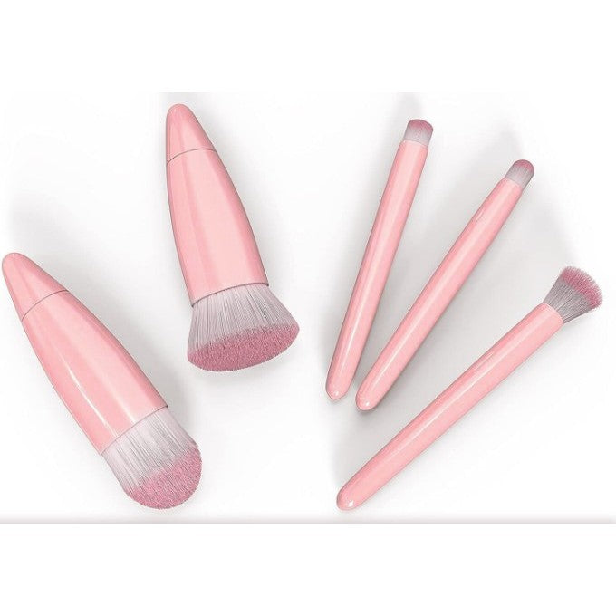 Set 5 Mini Pensule de Machiaj, Vivimall, Portabile, in Carcasa cu Oglinda, din Par Sintetic Moale, Roz, 12x7x2.5 cm - vivimall.ro