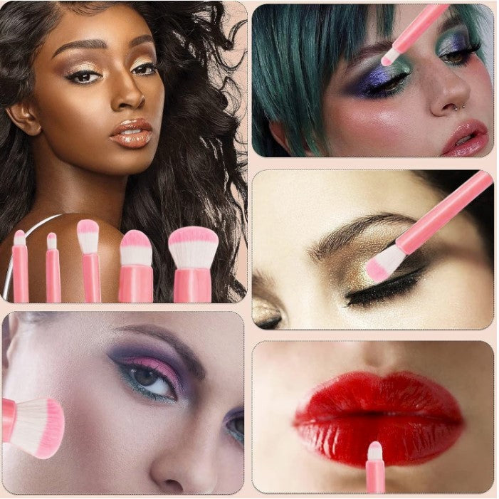 Set 5 Mini Pensule de Machiaj, Vivimall, Portabile, in Carcasa cu Oglinda, din Par Sintetic Moale, Roz, 12x7x2.5 cm - vivimall.ro