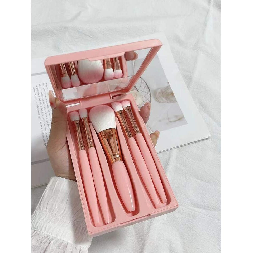 Set 5 Pensule de Machiaj cu Peri Moi, Vivimall, cu Suport pentru Depozitare si Oglinda, Roz - vivimall.ro