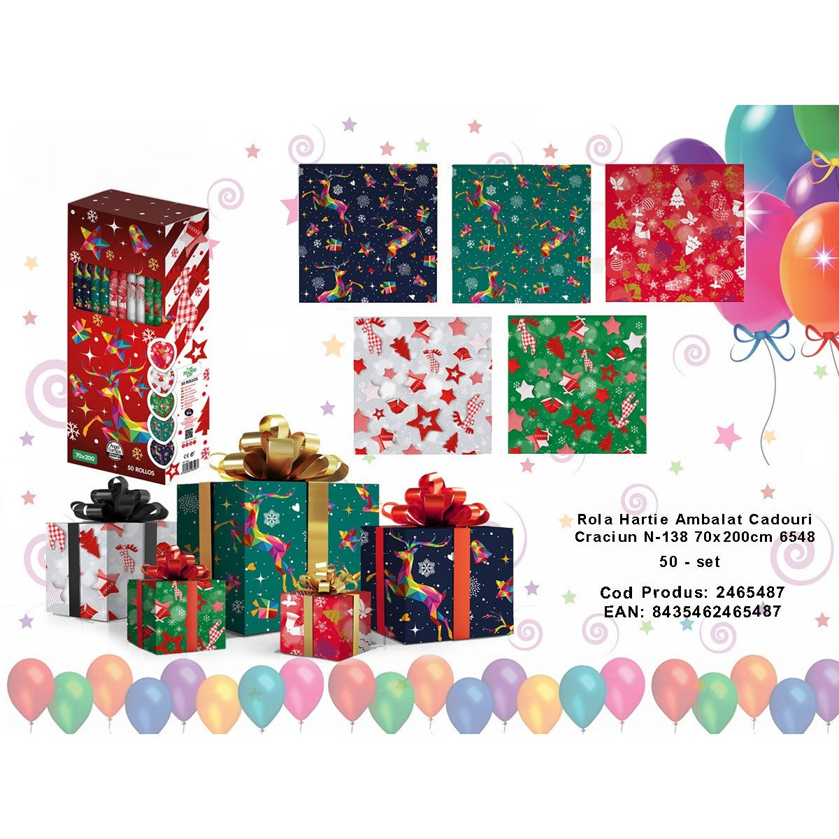 Set 50 role hartie ambalat cadouri Craciun, 70x200 cm, 5 modele