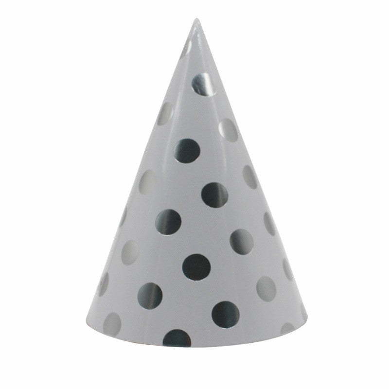 Set 6 Coifuri Metalizate, Vivimall, pentru Petrecere, Tematica Aniversare, Model Buline, 20 cm, Argintiu - vivimall.ro