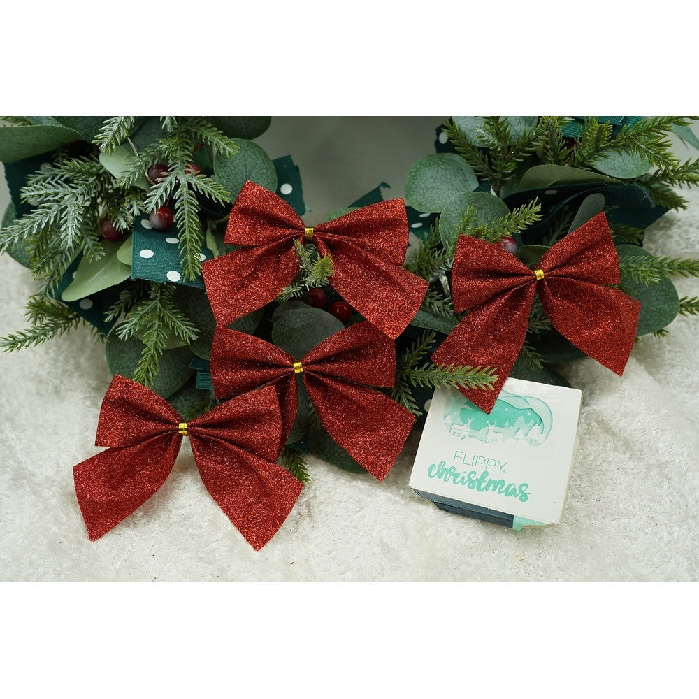 Set 6 fundite pentru brad, Rosii, clasice, cu sclipici, 8 x 9 cm, din poliester, Flippy - vivimall.ro