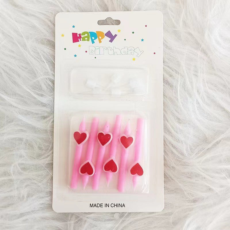 Set 6 Lumanari de Tort, Vivimall, Model Creion cu Inimioare, 5.9 x 1.1 cm, din Ceara, Roz - vivimall.ro