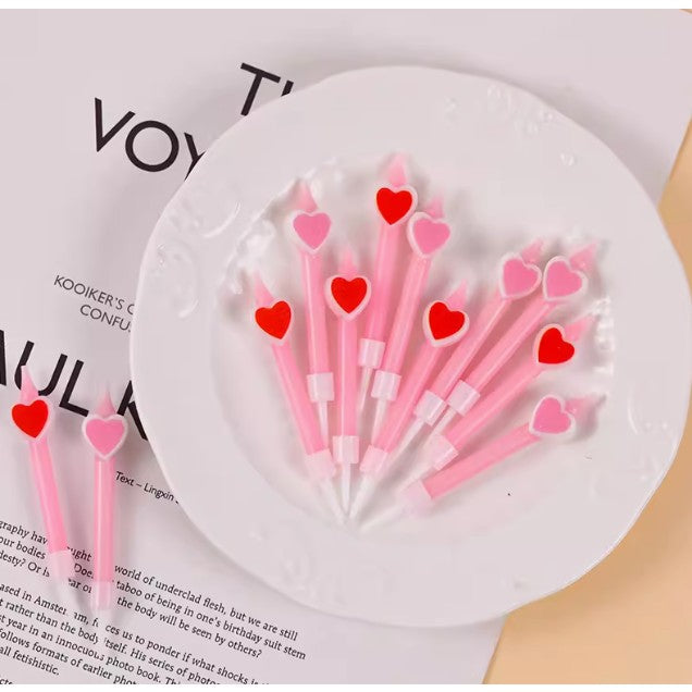 Set 6 Lumanari de Tort, Vivimall, Model Creion cu Inimioare, 5.9 x 1.1 cm, din Ceara, Roz - vivimall.ro